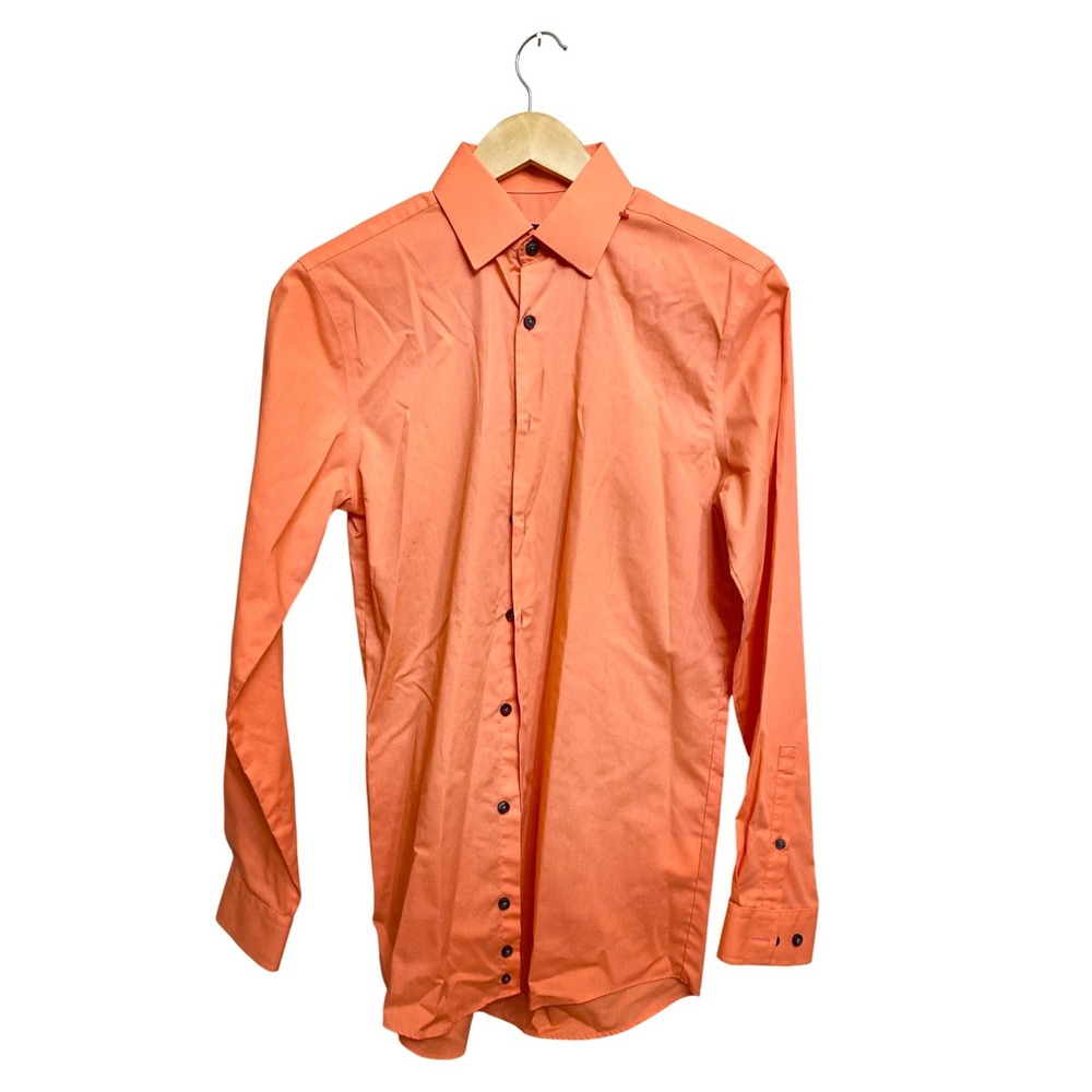 J Ferrar Mens Slim Fit Long Sleeve Button Down Dress Shirt Orange Small 14-14.5